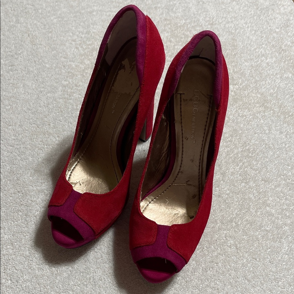 BCBGeneration Red and Purple Peep-Toe Heels